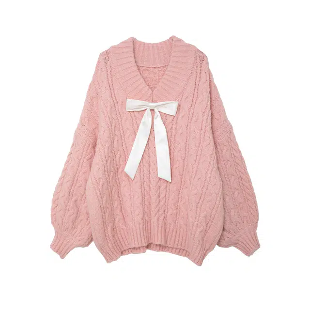 SUNSUNTOWN V-Neck Sweater Pink Loose Fit