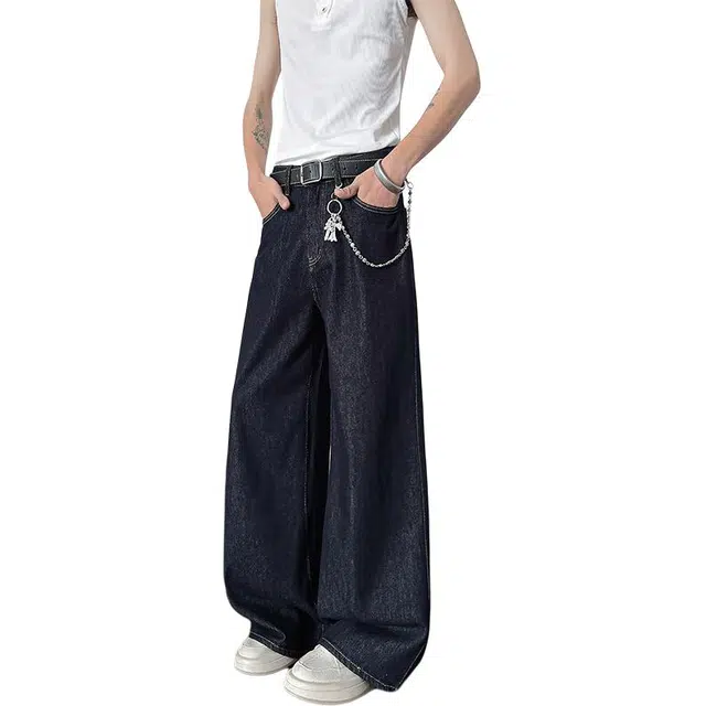 沃马 美式高街拼接基础款复古重工高级感流行简约牛仔裤 男女同款 黑色