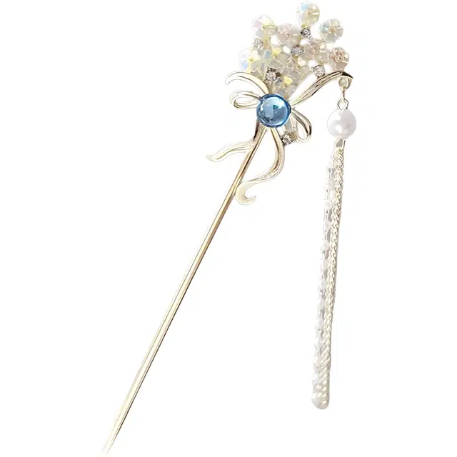 【蓝色之眼】 指尖瑰宝 新中式小清新简约国风蝴蝶结碎花流苏步摇仙气轻奢繁花国潮汉服旗袍盘发挽发亚克力 合金 发簪 女款