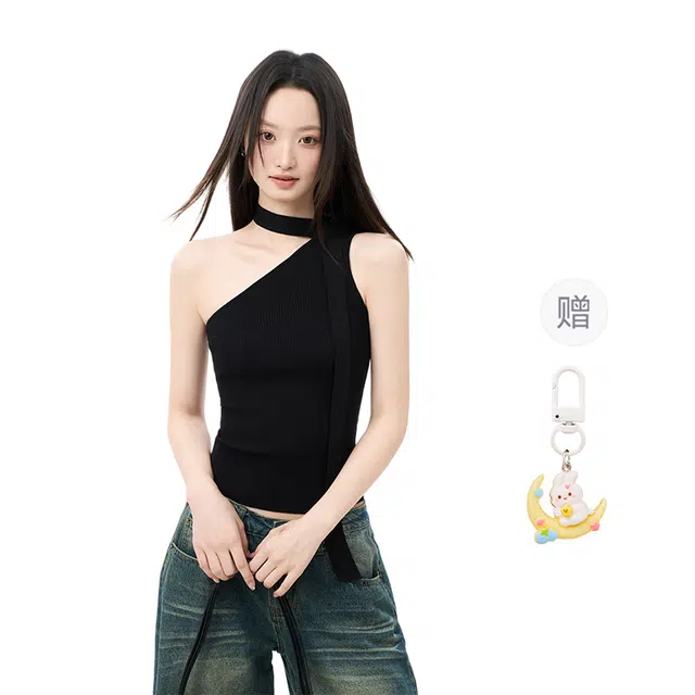 柏黛妃 露肩针织小吊带修身无袖斜肩短款上衣背心 女款 黑色