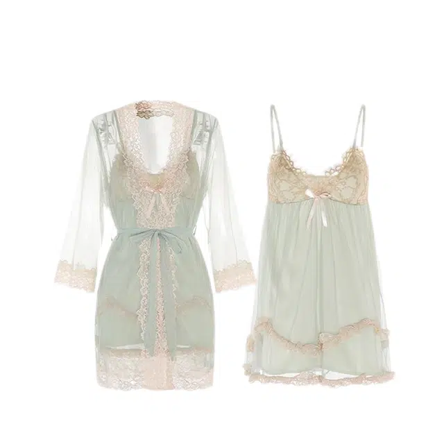 潞优野 甜美蕾丝带胸垫网纱家居服睡衣套装 女款 苹果绿
