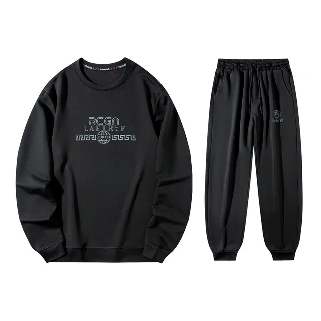 富铤 抽绳长裤日常通勤圆领套头长袖卫衣套装 男款 黑色