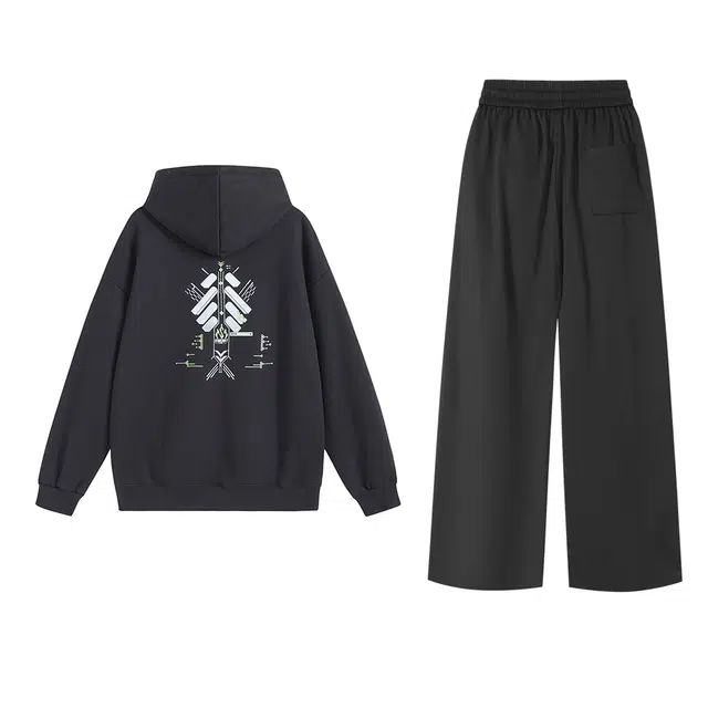 星际者 简约纯色宽松连帽拉链开衫外套垂感高街长裤卫衣套装 男女同款