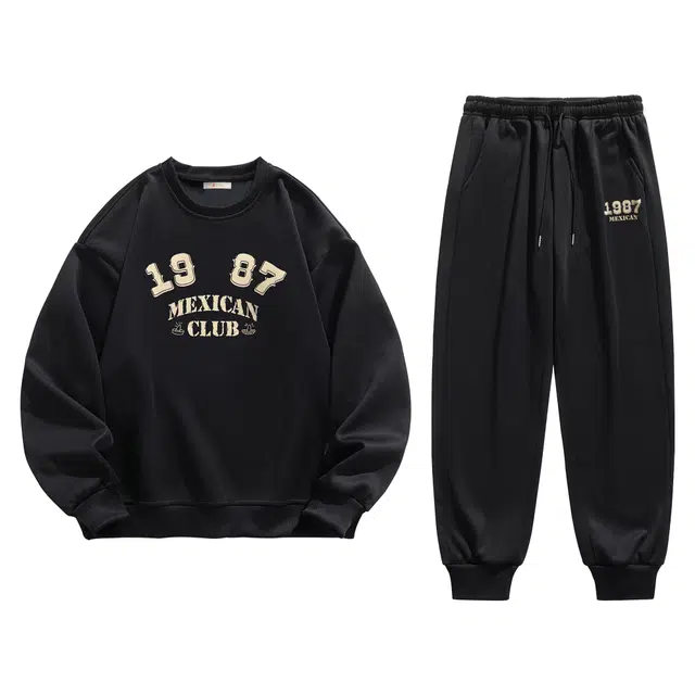 稻草人 美式字母数字印花宽松圆领套头长袖系带百搭长裤卫衣套装 男女同款