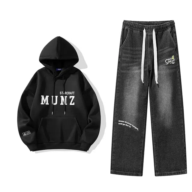星际者 基础款字母印花上衣百搭直筒牛仔裤卫衣套装 男女同款