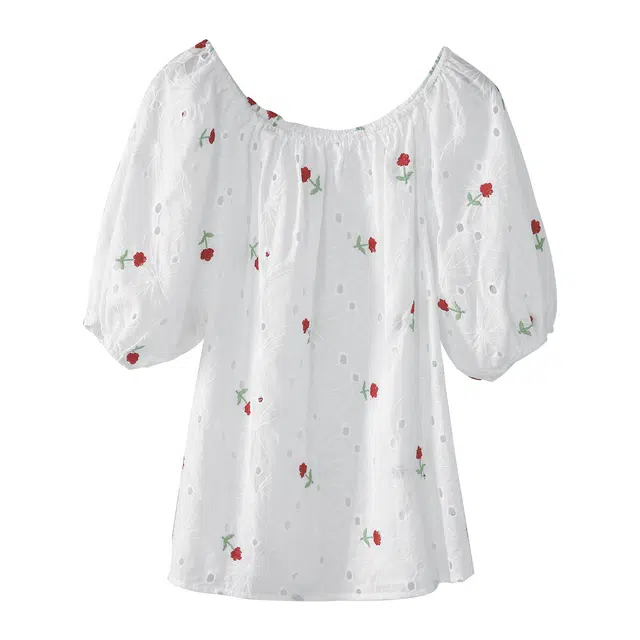 法儿家 露肩度假风短袖衬衫 女款 白底红花