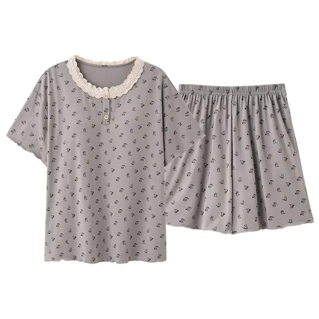 俏薇妮 简约时尚柔软碎花高级感带胸垫短袖家居服舒适透气休闲凉感可外穿睡衣套装 女款 灰色