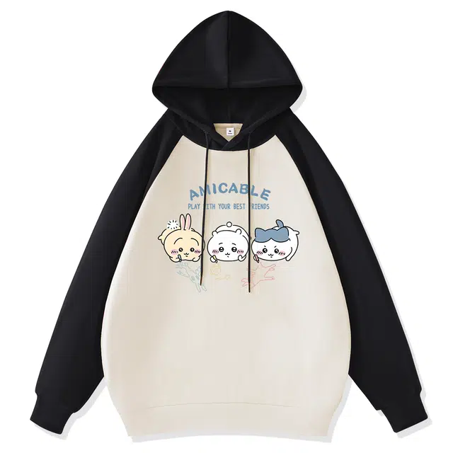 棉致 动物图案聚会猫狗插肩撞色连帽薄款潮牌休闲宽松卫衣 女款
