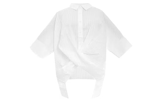 陆与山屿 纯色肌理竖纹绑带设计短袖衬衫  女款