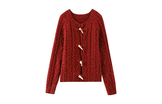 花栗鼠小姐 纯色圆领牛角扣插肩袖针织毛衣 女款 氛围红