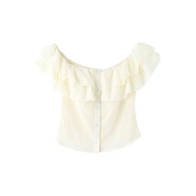 花栗鼠小姐 法式休闲甜美通勤风纯色荷叶边一字肩收腰修身显瘦短款短袖衬衫 女款 杏色