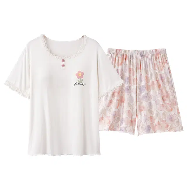 俏薇妮 简约时尚柔软可爱高级感带胸垫短袖家居服舒适透气休闲凉感可外穿睡衣套装 女款 白色