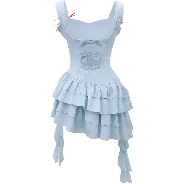 小菊川栗 设计感褶皱别致不规则简约吊带连衣裙 女款 蓝色