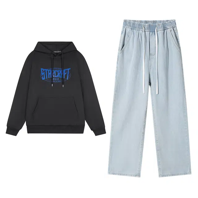 星际者 基础款简约休闲字母印花上衣复古做旧美式高街阔腿可抽绳牛仔裤卫衣套装 男女同款