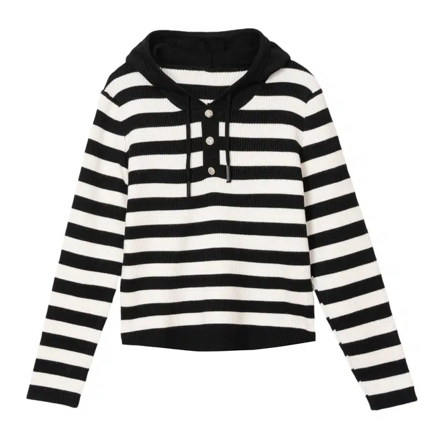 法文箱子 通勤连帽条纹毛衣 女款 黑色白条