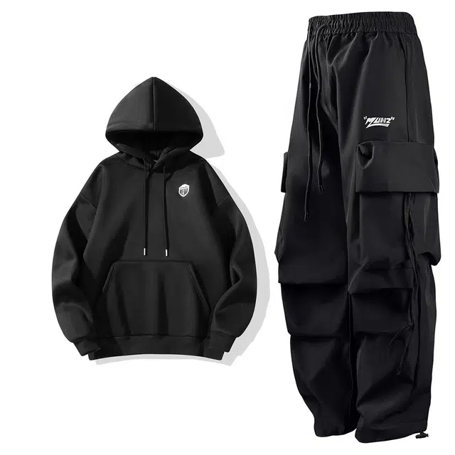 星际者 连帽落肩长袖潮流上衣阔腿直筒可抽绳两穿工装裤卫衣套装 男女同款