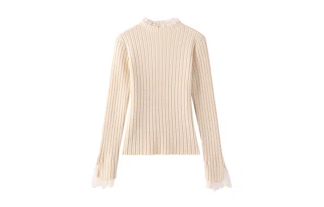 花栗鼠小姐 纯色套头长袖毛衣 女款 蕾丝米杏