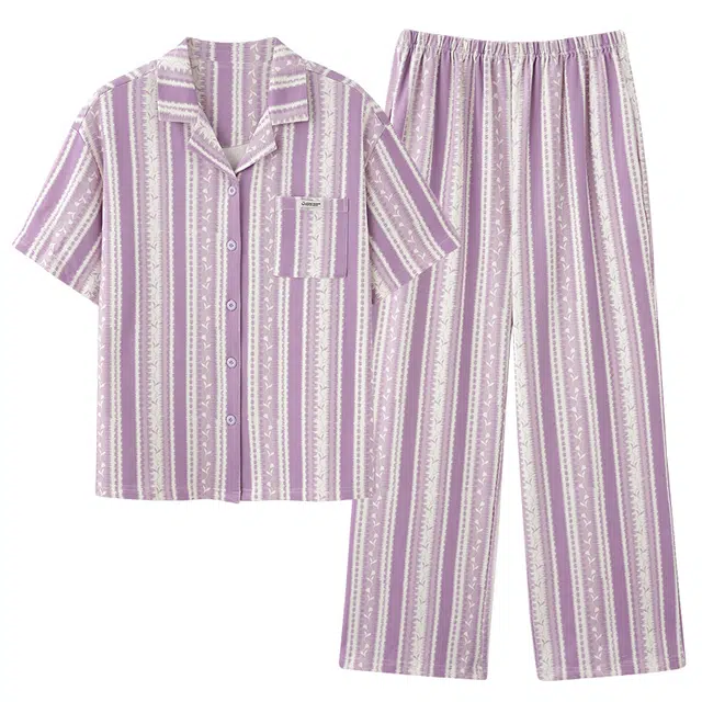 莫代尔 百搭翻领休闲短袖上衣家居服可外穿长裤睡衣套装 女款 紫色