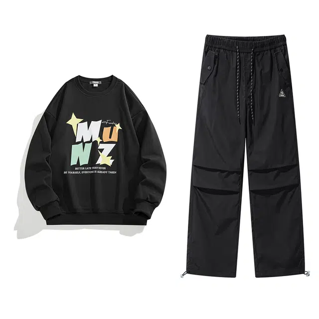 星际者 基础字母印花可爱时尚圆领上衣纯色直筒美式高街可抽绳工装裤卫衣套装 男女同款