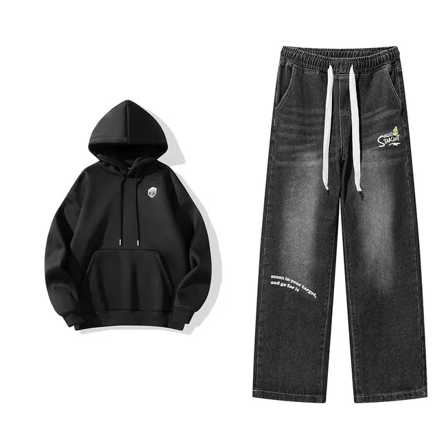 星际者 纯色连帽长袖上衣系带宽松长裤卫衣套装 男女同款