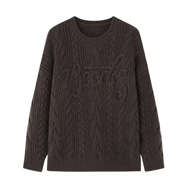 周淼 粗针绞麻花绣字母套头毛衣 女款