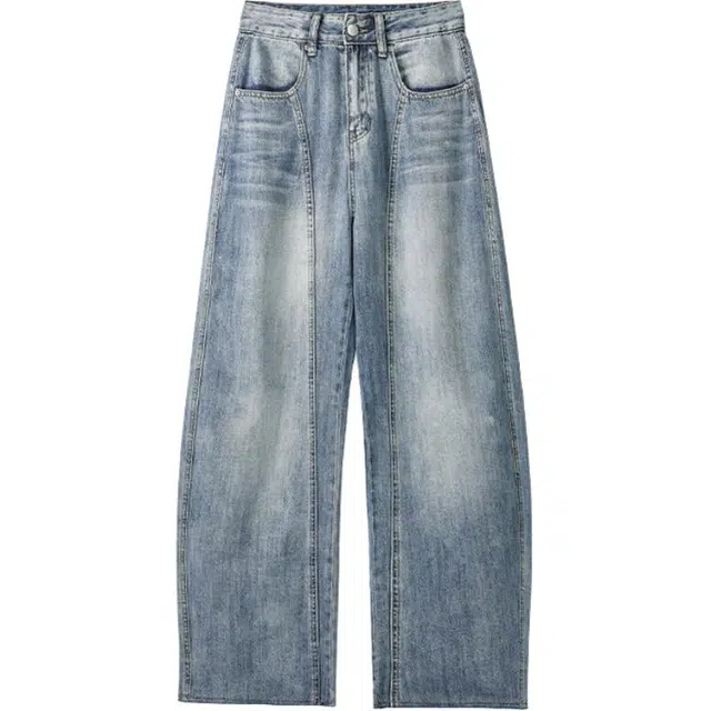 沃马 宽松直筒美式高街拼接弯刀水洗做旧阔腿舒适亲肤透气长裤牛仔裤 男女同款 蓝色