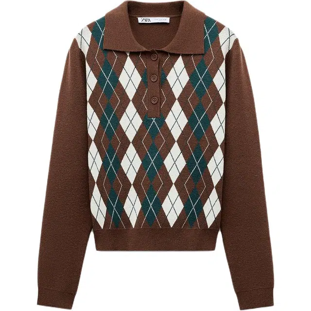 ZARA Diamond Pattern Polo Sweater Brown
