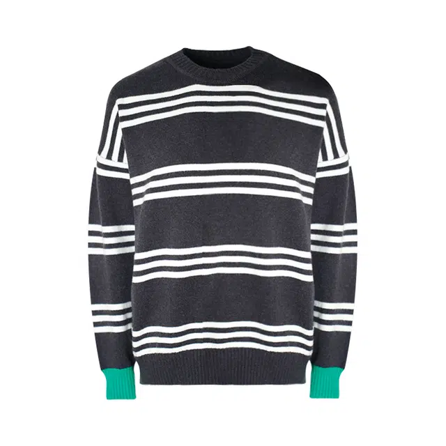 小小拉 舒适条纹套头圆领针织撞色毛衣 女款 黑白条纹