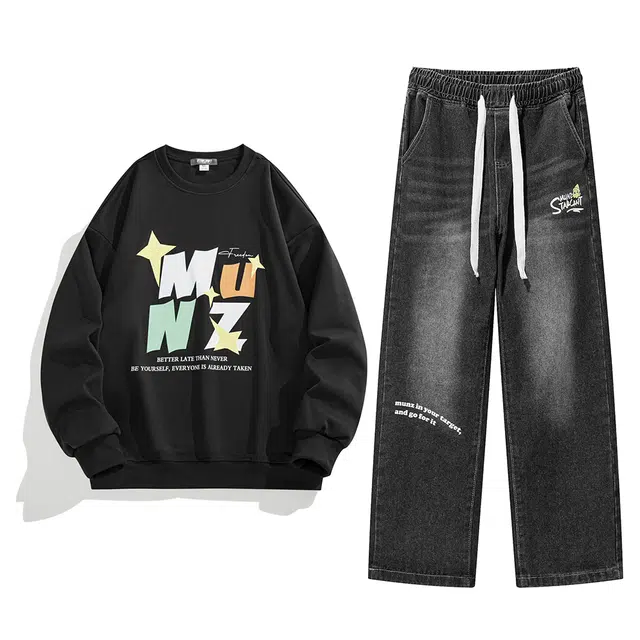 星际者 基础款圆领长袖休闲上衣百搭直筒牛仔裤卫衣套装 男女同款