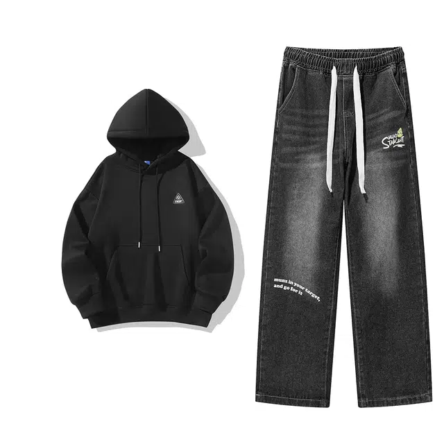 星际者 字母百搭休闲纯色连帽套头宽松长袖上衣高街中腰系带直筒牛仔裤卫衣套装 男女同款