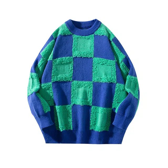 红蜻蜓 圆领宽松撞色格子休闲针织毛衣 男女同款 蓝色