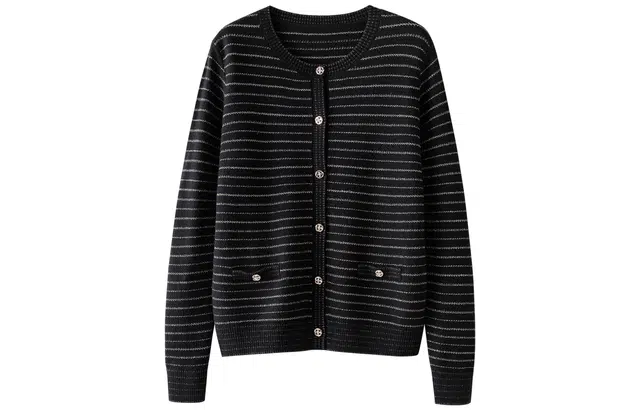 恒源祥 亮丝条纹针织单排扣开衫长袖毛衣 女款