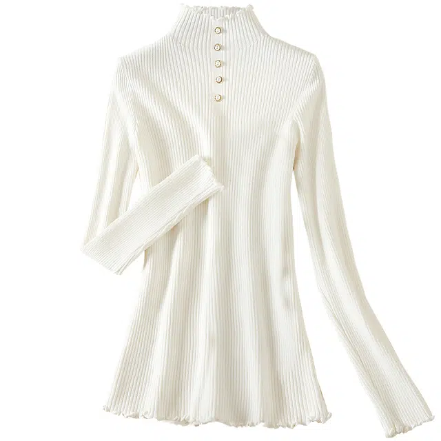 她池 纯色钉珠打底木耳边半高领套头针织衫 女款