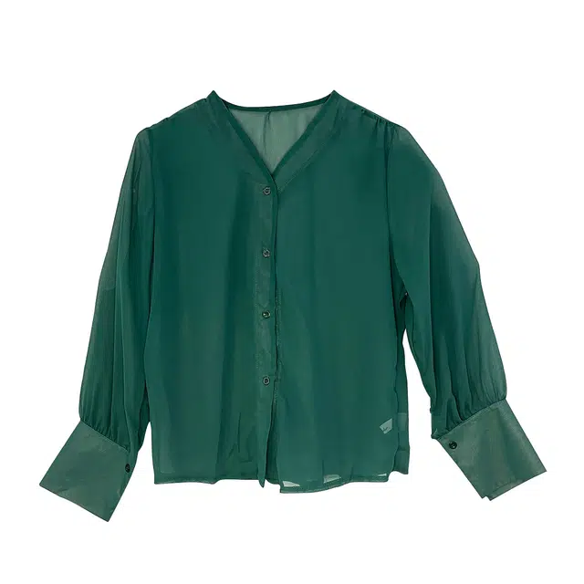 水中花 轻薄透气冰丝开衫宽松长袖衬衫 女款 墨绿色
