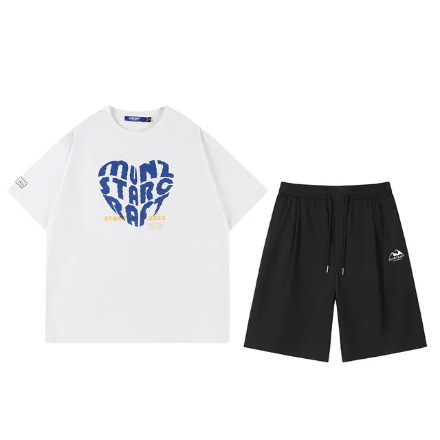 星际者 爱心字母印花短袖潮牌中腰系带五分裤休闲运动套装 男女同款