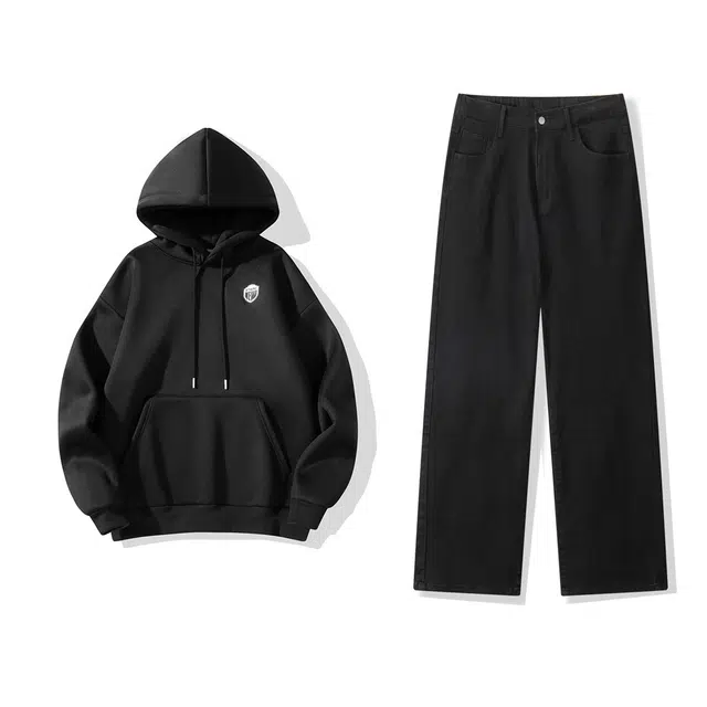 星际者 基础款时尚休闲连帽上衣美式复古水洗做旧直筒牛仔裤卫衣套装 男女同款