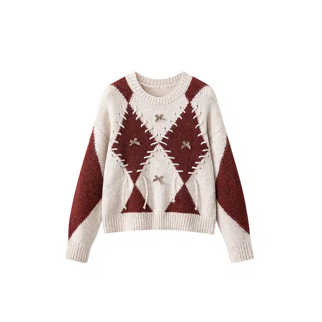 红蜻蜓 复古风菱格撞色穿绳设计感小众针织套头毛衣 男女同款