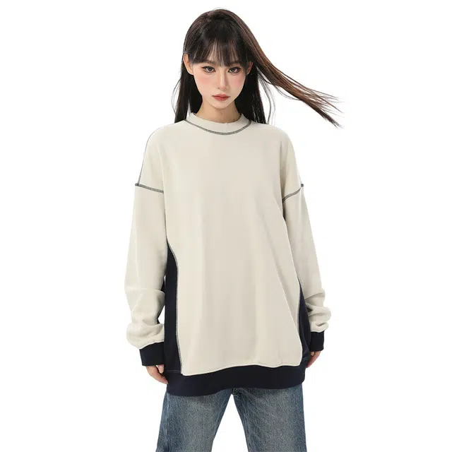 柏黛妃 美式复古宽松拼接简约百搭卫衣 女款 卡其色