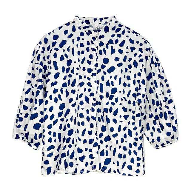 水中花 美式复古印花宽松立领小众设计款衬衫开衫 女款 蓝色