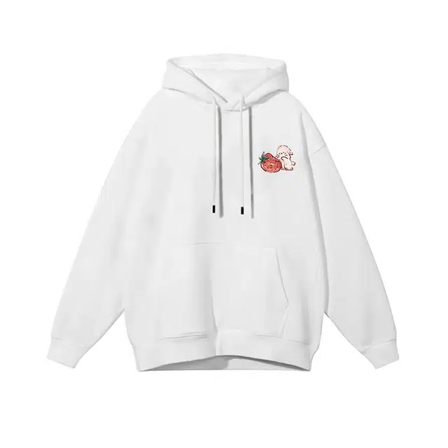 棉购 韩版简约草莓印花连帽慵懒风宽松休闲小众百搭卫衣 男女同款