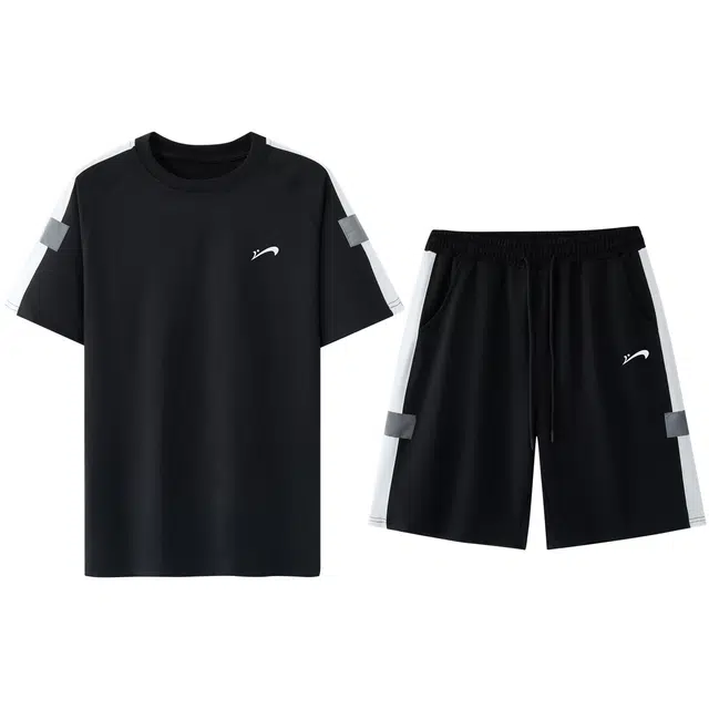 贵人鸟 美式复古舒适百搭圆领短袖五分直筒宽松系带短裤休闲运动套装 男女同款