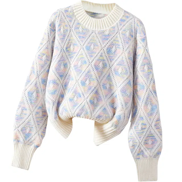 她池 甜美宽松圆领撞色落肩长袖套头上衣毛衣 女款