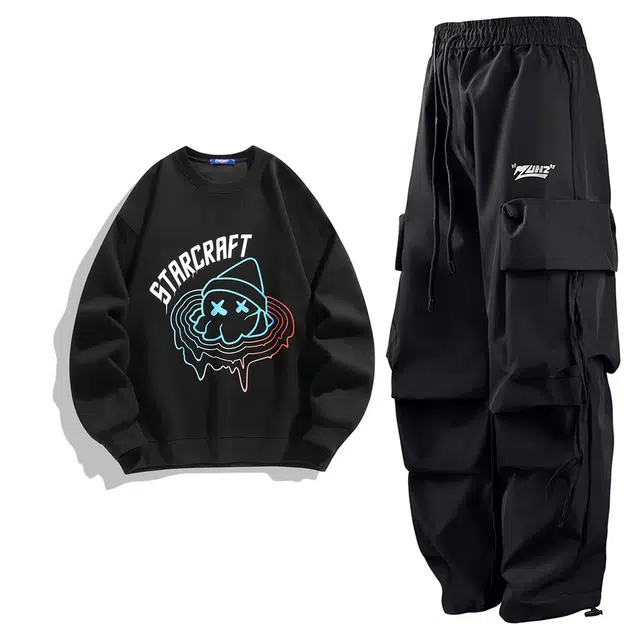 星际者 动漫涂鸦圆领长袖上衣中腰系带长裤卫衣套装 男女同款