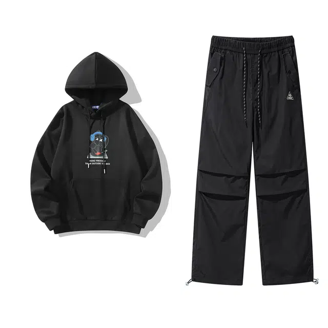 星际者 基础款卡通印花学生可爱宽松休闲简约上衣阔腿美式高街纯色户外速干可抽绳工装裤卫衣套装 男女同款