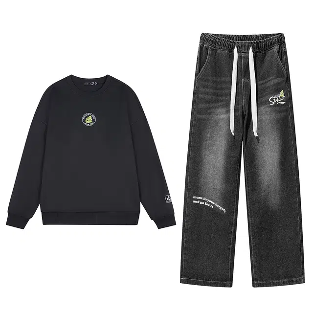 星际者 基础款圆领长袖休闲上衣百搭时尚宽松牛仔裤卫衣套装 男女同款