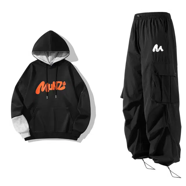 星际者 基础款拼色休闲宽松可抽绳两穿工装裤卫衣套装 男女同款