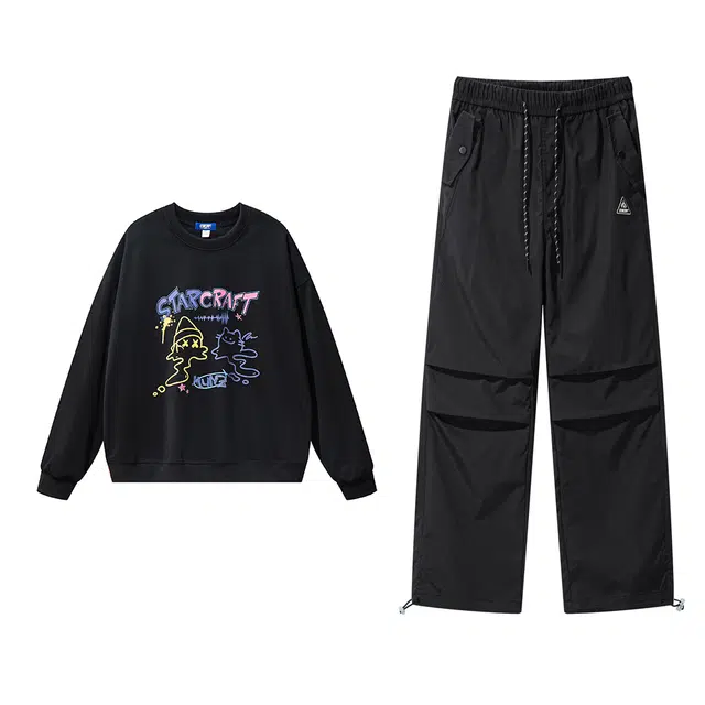 星际者 基础款卡通印花百搭休闲简约户外登山大口袋工装裤卫衣套装 男女同款