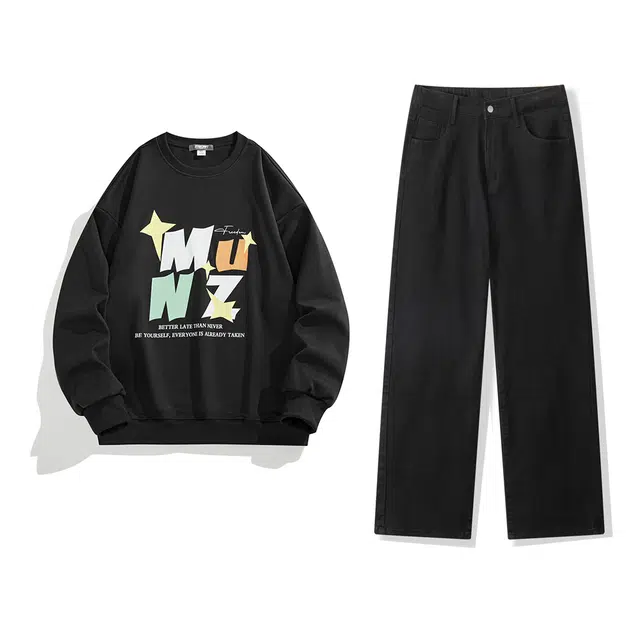 星际者 基础款圆领字母印花时尚潮流宽松上衣简约休闲复古做旧阔腿牛仔裤卫衣套装 男女同款