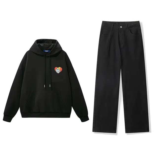 星际者 卡通印花休闲连帽上衣宽松简约直筒阔腿牛仔裤卫衣套装 男女同款