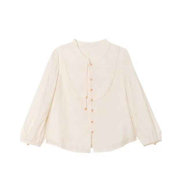 花栗鼠小姐 新中式古典国风立领撞色手工吊坠珠扣灯笼袖宽松显瘦衬衫 女款 晚香玉